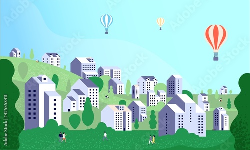 Suburb town landscape. People walking on district, new buildings. Hot air balloons flying in sky above city. Apartment houses on nature vector illustration