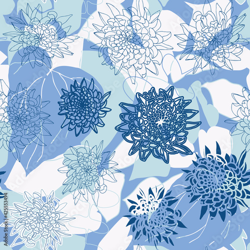 Floral botanical vector seamless pattern with hand drawn chrysanthemums flowers and tropical leaves in pastel colors. Abstract botanical motif with stylized hostas or hydrangea leaves.