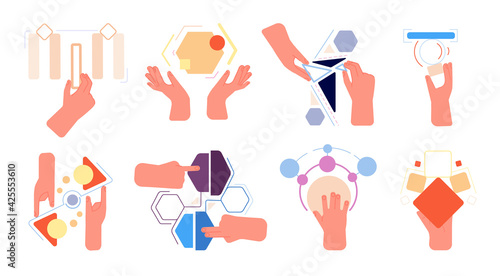 Cooperation metaphor. Hands collect abstract geometric shapes. Business solution, collaboration or teamwork. Creative analytics utter vector concept