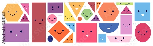 Cute geometric faces. Isolated polygon face with eyes and emotions. Circle shape characters. Funny cartoon abstract kids utter vector elements