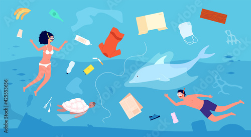 Water ecological problems. Sea pollution, trash or garbage fish turtle and divers in ocean. Plastic bottle ecology polluted utter vector concept