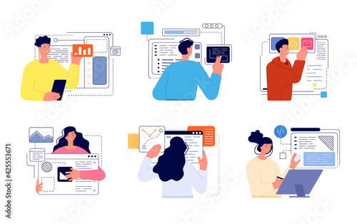 People develop app. Web development, developer easy information update. Abstract banners, phone application or software designer utter vector set