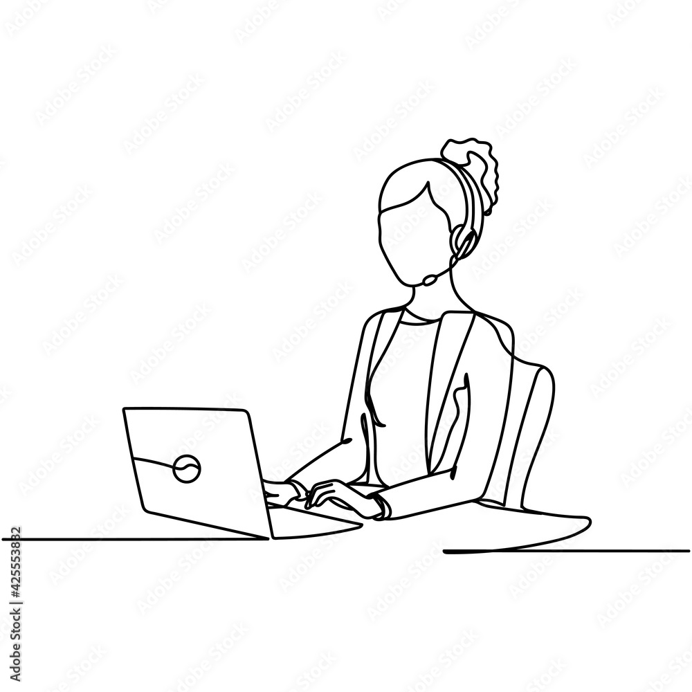 Continuous one line of girl operator with headset and laptop in silhouette. Minimal style. Perfect for cards, party invitations, posters, stickers, clothing. Black icon. Office manager or online confe Continuous one line of girl operator with headset and laptop in silhouette. Minimal style. Perfect for cards, party invitations, posters, stickers, clothing. Black icon. Office manager or online confe