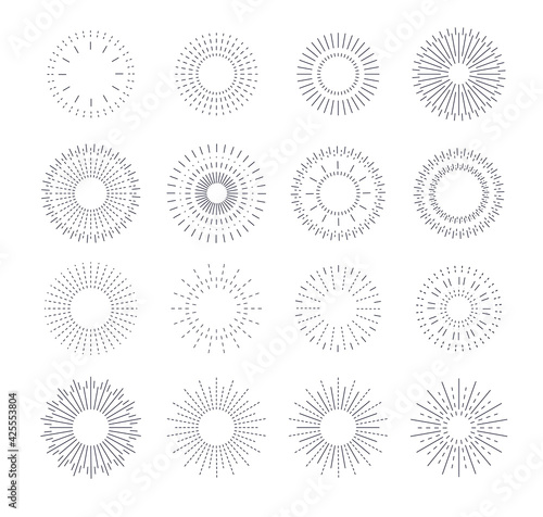 Line vintage sunburst. Circle solar burst, radiant frames design. Graphic rays flare, blasting stars or sparks. Isolated hipster sun utter vector set