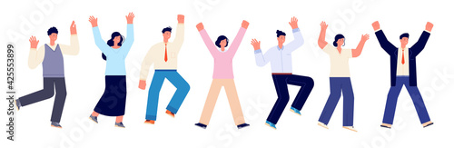 Happy business team. Fun friends, casual office people jump. Isolated corporate group jumping, funny flat male female celebrate utter vector characters