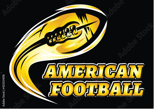 Flying golden ball of American football on a black background. Colored vector illustration. Template for design