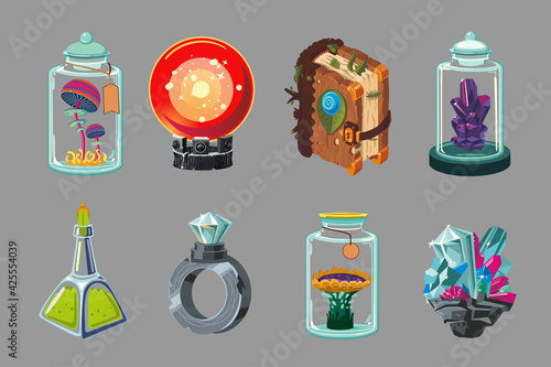 Cartoon icon set. Casual fantasy game design. Vector signs. Mobile app gui set. Concept art.