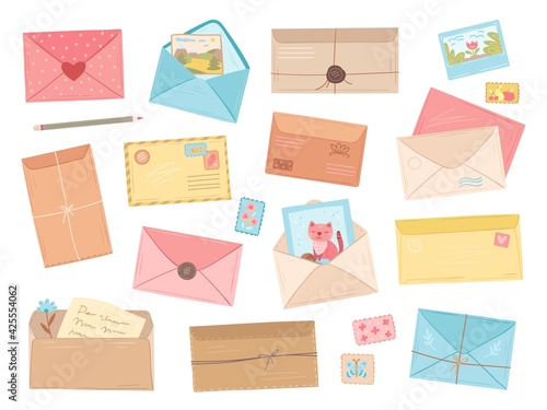 Cartoon envelopes. Flat envelope, pen or pencil for hand lettering. Paper letter with branches, cute cards for post and love message exact vector set