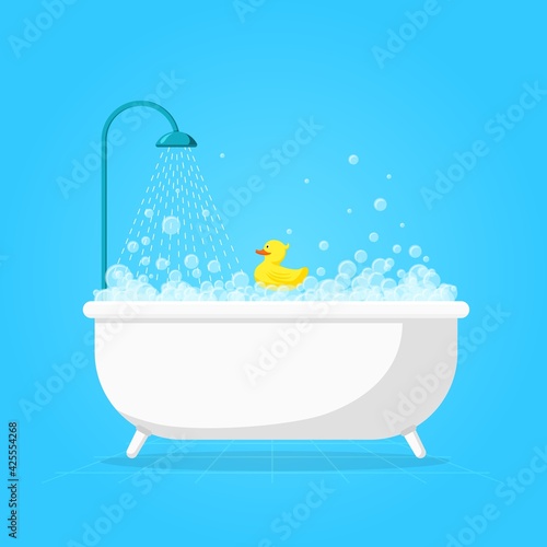 Cartoon bathtub with foam. Cute white tub, shower soap bubble and duck. Spa style bathroom, flat care and relaxation recent vector concept