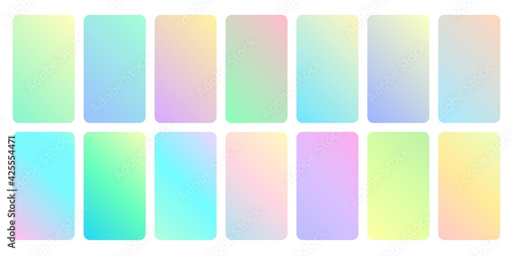 Pastel gradient set. Beauty turquoise soft gradients, smartphone screen template. Yellow blue green phone ui elements. Mobile recent vector wallpaper