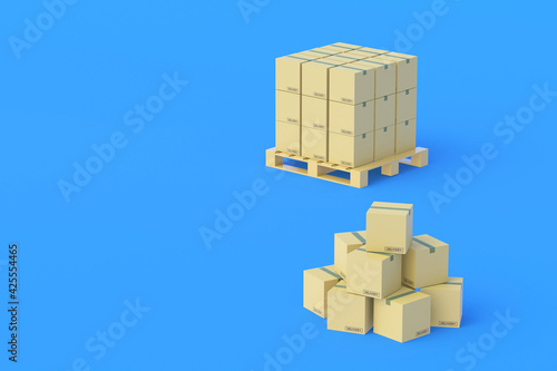 Boxes heap and on pallet. Freight transportation and logistic. Import  export of goods. Storage of cargo. International trade. Wholesale purchase  sale. Delivery company. 3d rendering