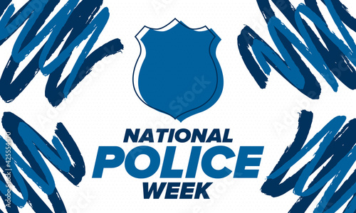 National Police Week in May. Celebrated annual in United States. In honor of the police hero. Police badge and patriotic elements. Officers Memorial Day. Poster, card, banner. Vector illustration