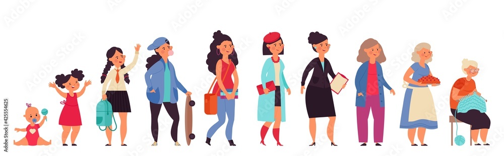 Different generations woman. Young women, age cycle or life stages. Cartoon baby, child adult and old female, isolated girl decent vector characters