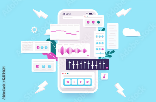 Music creation application on smartphone - Phone with audio and musical elements popping out of screen. Digital creativity concept. Vector illustration.