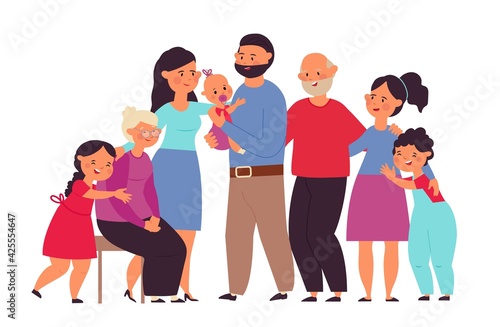 Big family together. Cute people, mom grandpa grandmother with baby. Flat standing group, cartoon grandparents and kids decent vector characters