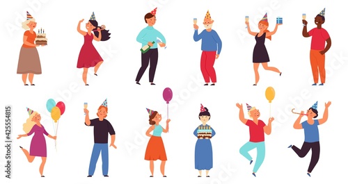Birthday party people. Women celebrating, together joy with balloons. Office event characters, happy celebration flat fun person decent vector set