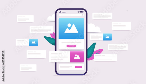 Finding information online - Smartphone with internet browser, images, text and information floating around. Search result vector illustration.