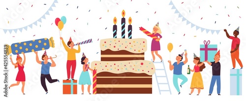 Birthday cake concept. Happy party, team greeting women. Adults business corporate holiday, pie with candles. Friends event decent vector banner