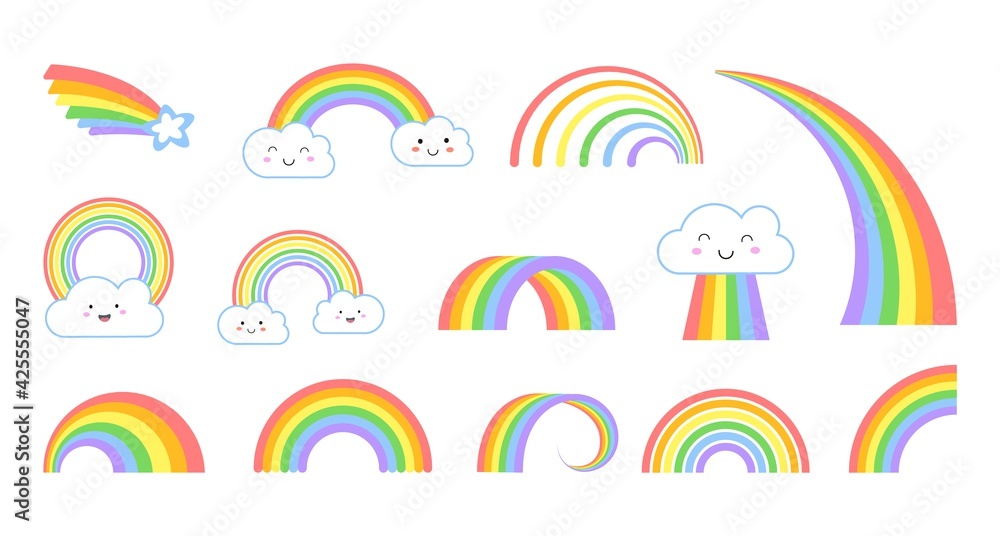 Rainbows. Cartoon flat rainbow icons, funny symbol with kawaii face clouds. Kids weather symbols, isolated colorful arc and tail with star vector set