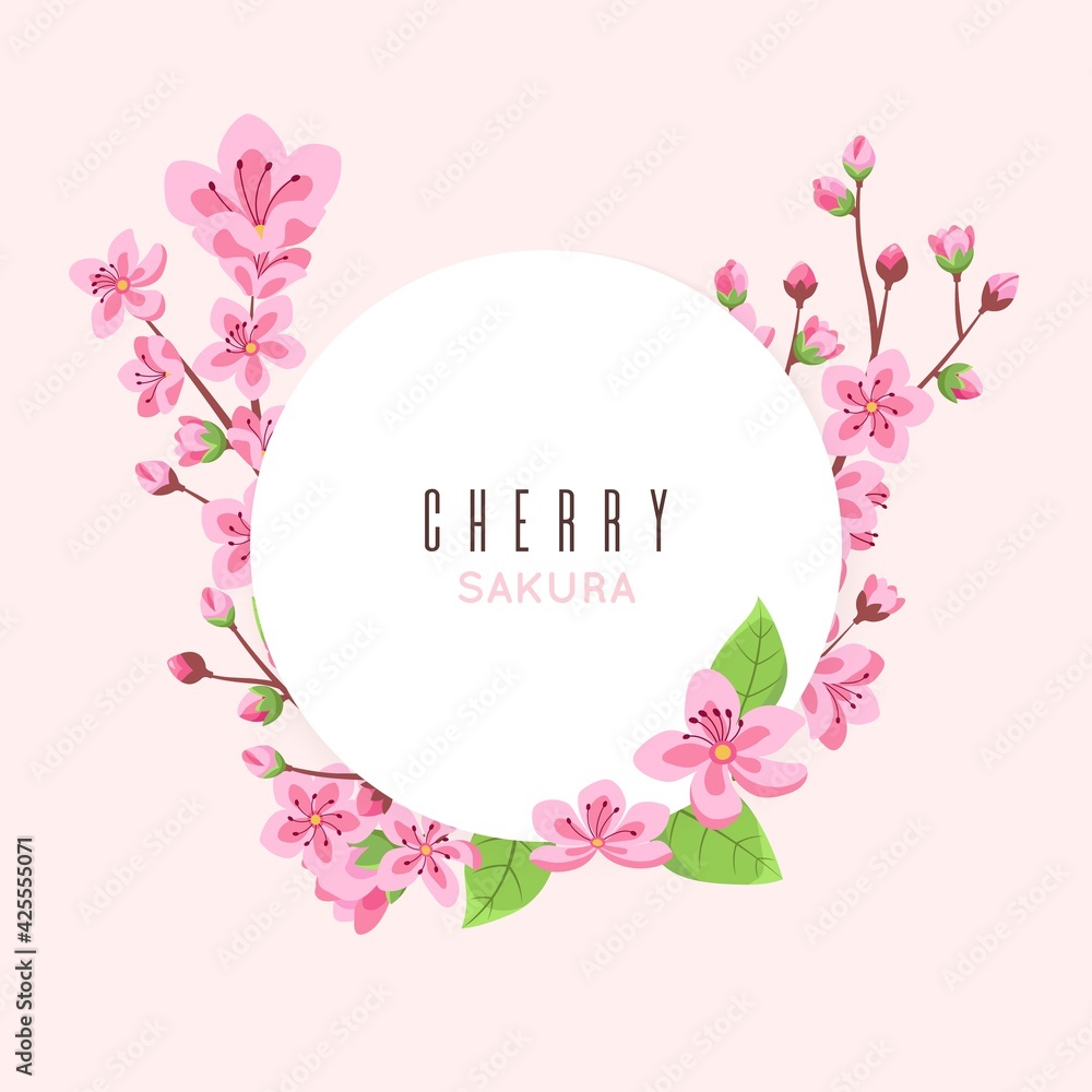 Sakura blossom. Peach cherry flowers, pink floral banner template. Cute female postcard, mother day vector background
