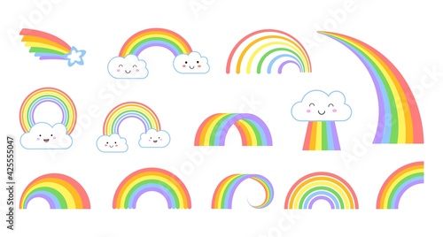 Rainbows. Cartoon flat rainbow icons, funny symbol with kawaii face clouds. Kids weather symbols, isolated colorful arc and tail with star vector set