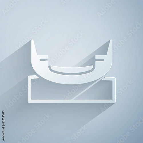 Paper cut Boat swing icon isolated on grey background. Childrens entertainment playground. Attraction riding ship, swinging boat. Amusement park. Paper art style. Vector