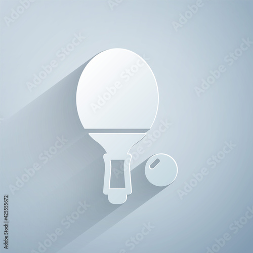 Paper cut Racket for playing table tennis icon isolated on grey background. Paper art style. Vector