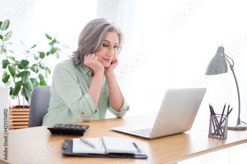 Profile photo of charming person sitting behind desk hands on cheeks look laptop enjoy working from home indoors