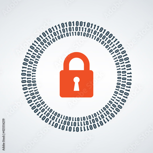 Abstract digital conceptual technology security with lock, binary circle code around lock. Stock Vector illustration isolated on white background.