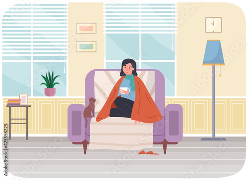 Woman is having cold, drinking hot tea. Cat owner is sick stay at home with viral infection