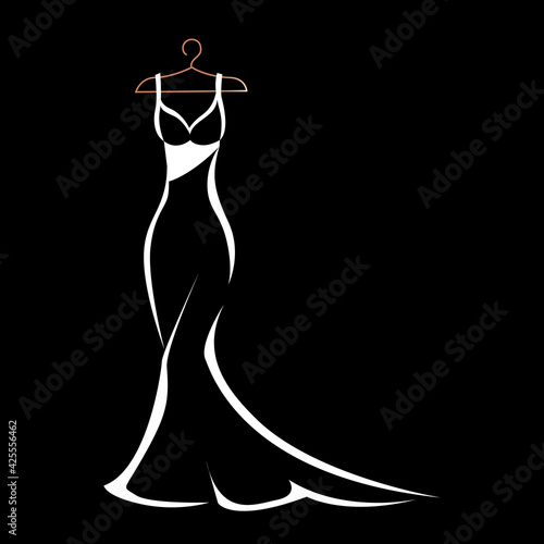 Hanging on a hanger is a beautiful lace and sparkly dress for wedding, evening or prom. Beauty and fashion. Background vector illustration template for invitation, flyer or card.