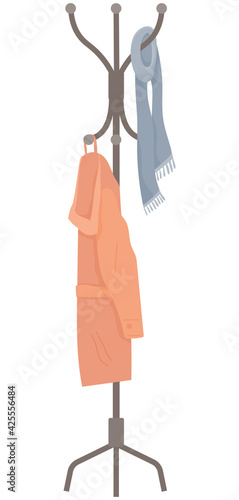 Wooden floor coat rack - hanger for cothes with jacket and scarf isolated on white background