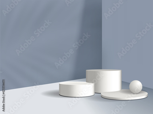Cylinder podium with geometrical forms. 3D empty showcase for cosmetic product presentation