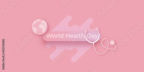 world health day pink concept banner with heart, earth globe and stethoscope. © zmiter