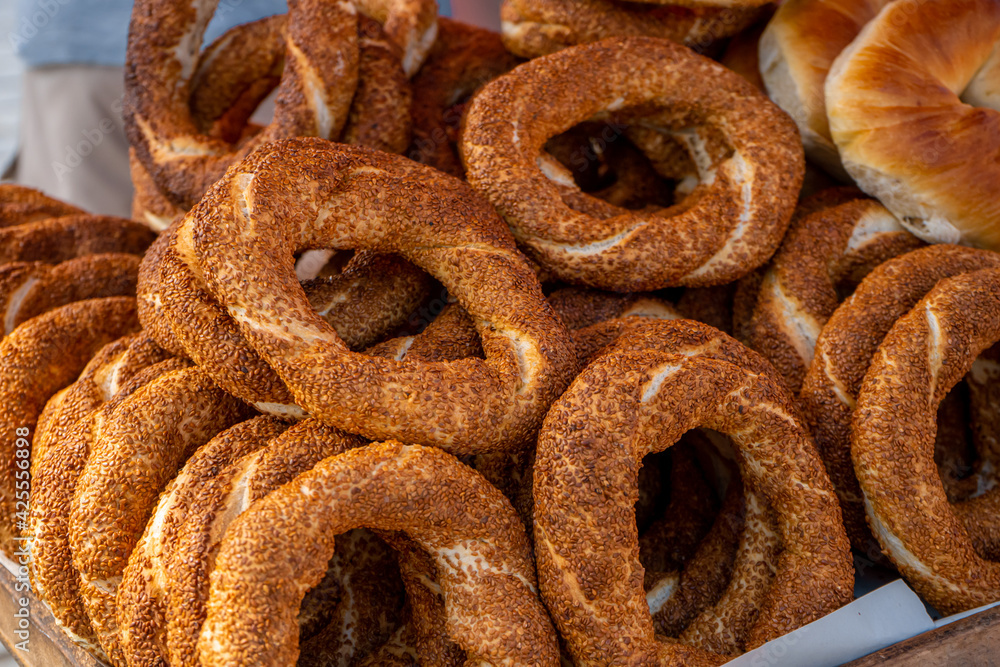Popular Turkish simits bagels. Street food in Turkey. National food Popular Turkish simits bagels. Street food in Turkey. National food