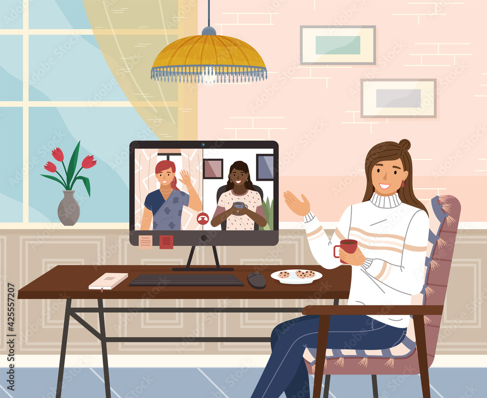 Friends talking to each other via video call, online conference. Girl communicating with girlfriends Friends talking to each other via video call, online conference. Girl communicating with girlfriends