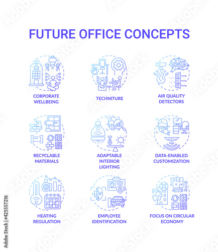 Future office concept icons set. Corporate wellbeing idea thin line RGB color illustrations. Heating regulation. Employee identification. Focusing on circular economy. Vector isolated outline drawings