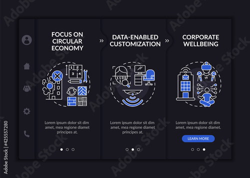 Future workspace design onboarding vector template. Responsive mobile website with icons. Web page walkthrough 3 step screens. Circular economy, network night mode concept with linear illustrations