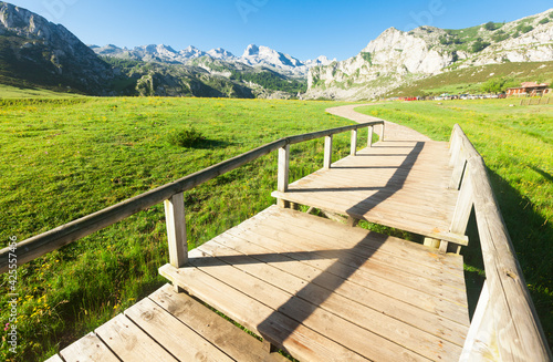 view with a wooden walkway to national park peaks of europe © caftor