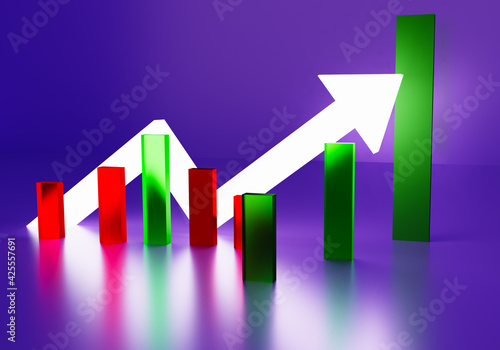 Illustration with three-dimensional graphics. White arrow next to multi-colored columns. Concept - financial or stock chart. Three-dimensional diagram on a purple background. 3D diagram