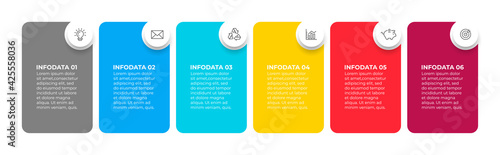 Business infographic template design with rectangle and circles. Timeline process with 6 steps or options.