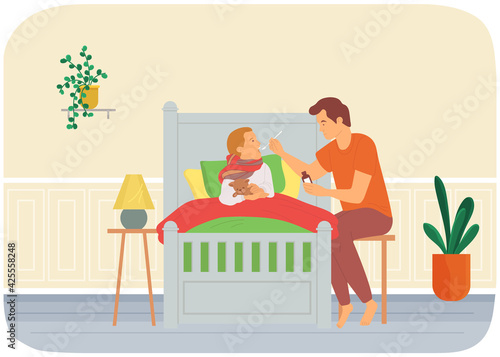 Dad gives medicine to kid. Child care, parenthood concept. Father giving medical syrup to sick son