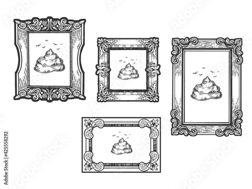 Poop shit art gallery exhibition in picture frame as a masterpiece sketch engraving vector illustration. Overvalued art metaphor. T-shirt apparel print design. Scratch board imitation.