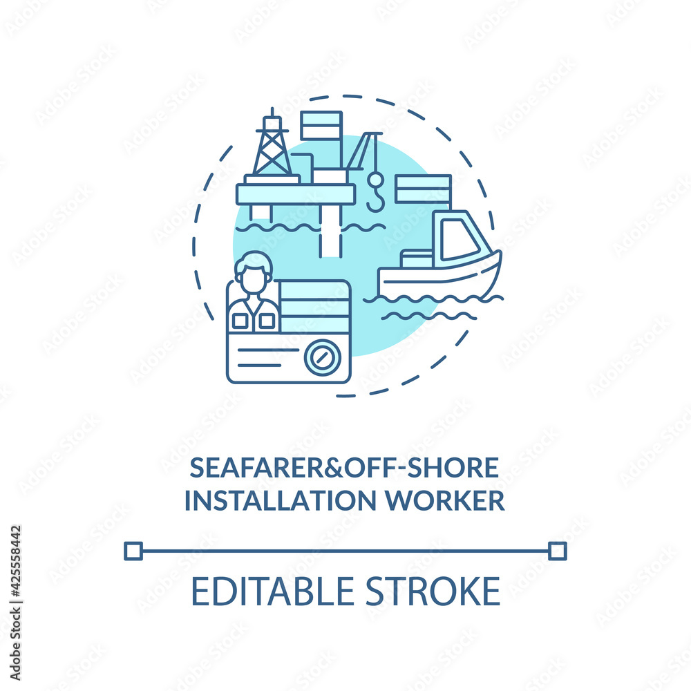 Seafarer and offshore installation worker blue concept icon. Maritime industry professions. Jobs for migrants idea thin line illustration. Vector isolated outline RGB color drawing. Editable stroke