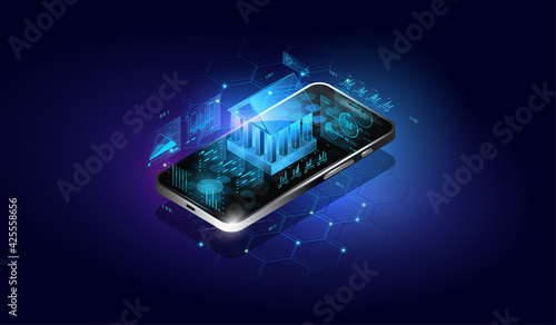 Isometric image of smartphone and bank. Mobile bank conceptual illustration. Internet online banking on phone. Financial technologies. software and mobile application for finance services.