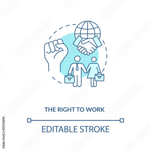 The right to work blue concept icon. Labour union. Equality for gender. Male, female worker. Migrant rights idea thin line illustration. Vector isolated outline RGB color drawing. Editable stroke