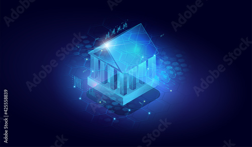 Software and mobile application for finance services. Financial technologies. Internet online banking. Isometric image of virtual bank. Mobile bank conceptual illustration.