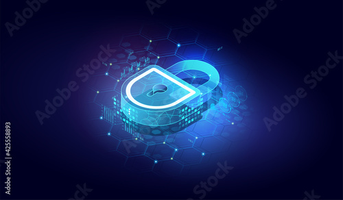 Abstract closed lock without key. isometric vector image on dark background. Protect or security symbol. Cyber Security Icon.
