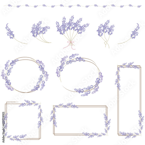 Illustration set with lavender ruled lines and frames.