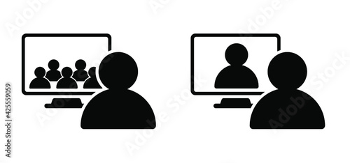 Video chat. Online webinar, speaker talk to meeting on videoconferencing event. Video conference pictogram.  Digital communication  on laptop screen, phone, computer, Internet learning media business.